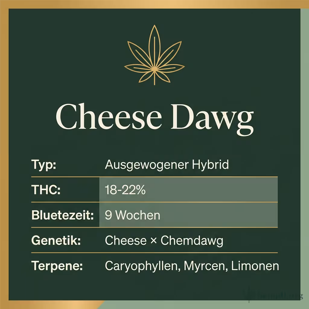 Infografik mit Cheese Dawg Key Facts: Typ Ausgewogener Hybrid, THC 18-22%, Bluetezeit 9 Wochen, Genetik Cheese × Chemdawg und Terpene Caryophyllen, Myrcen, Limonen
