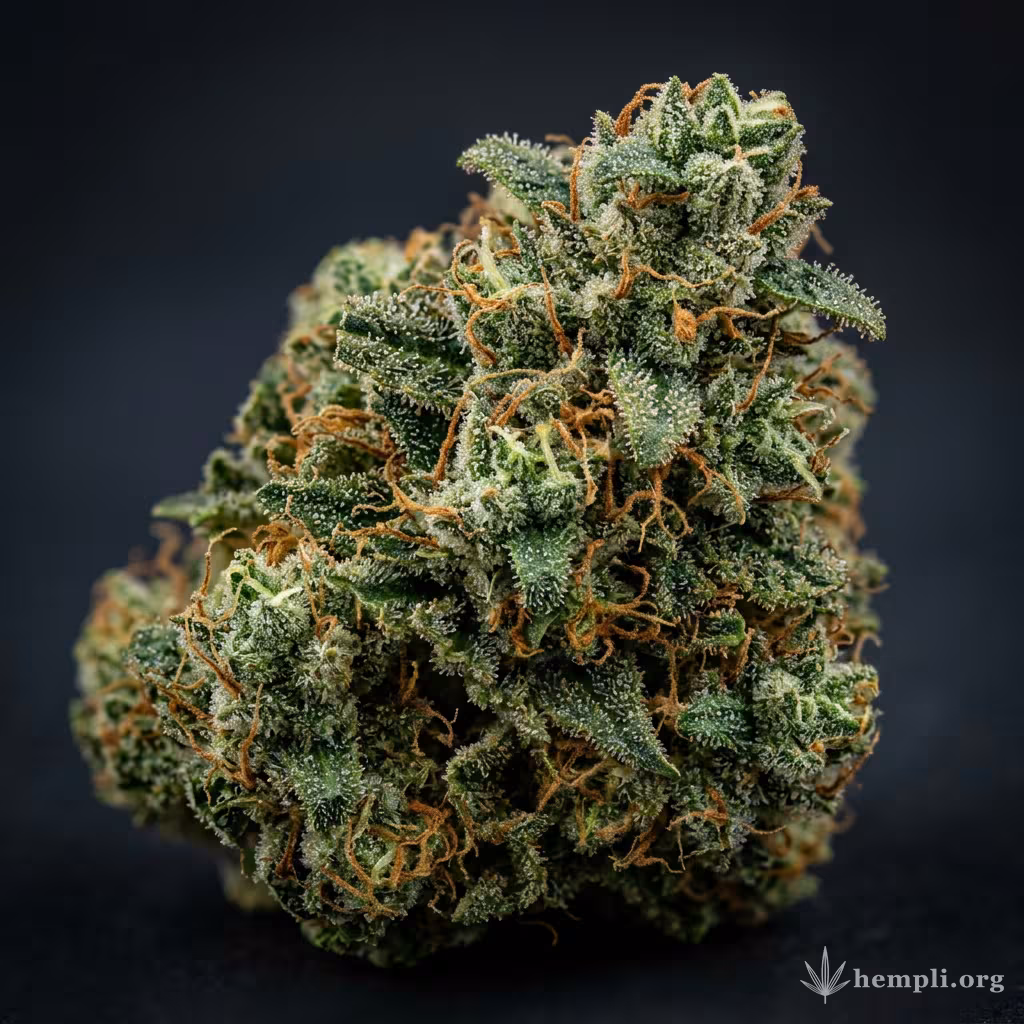Nahaufnahme einer harzigen Cheese XXL Autoflowering-Blüte mit dichten Trichomen und orangefarbenen Blütenstempeln