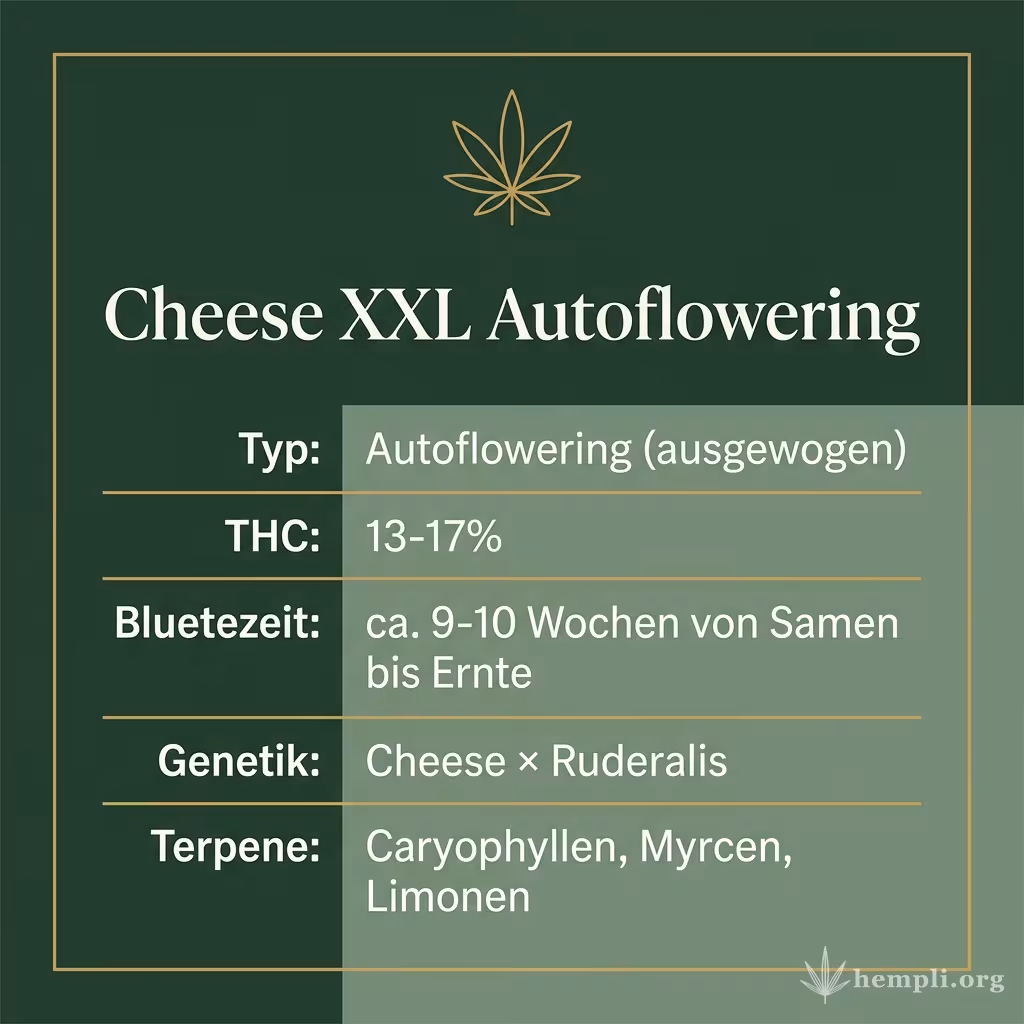 Infografik mit Cheese XXL Autoflowering Key Facts: Typ Autoflowering (ausgewogen), THC 13-17%, Bluetezeit ca. 9-10 Wochen von Samen bis Ernte, Genetik Cheese × Ruderalis und Terpene Caryophyllen, Myrcen, Limonen