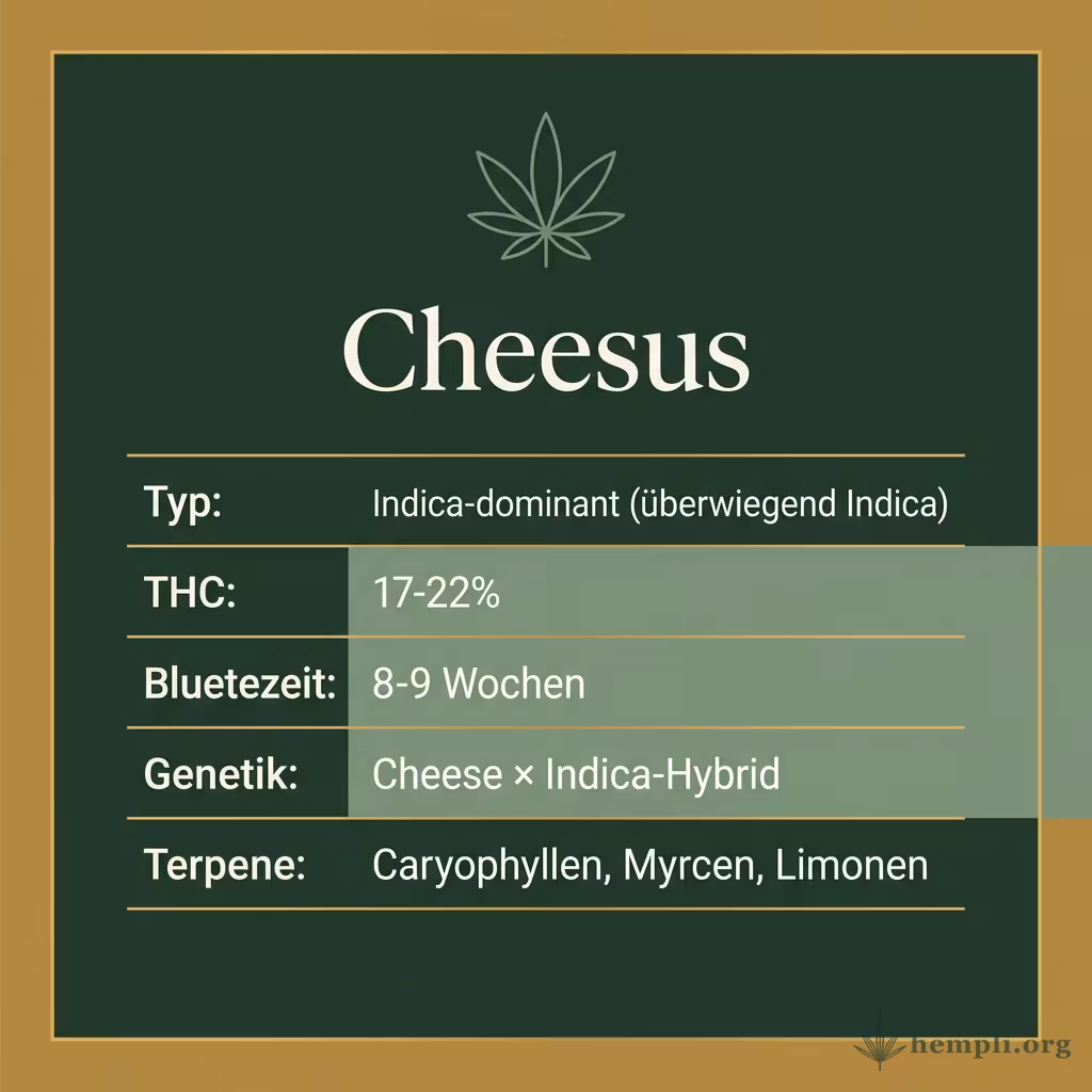 Infografik mit Cheesus Key Facts: Typ Indica-dominant (überwiegend Indica), THC 17-22%, Bluetezeit 8-9 Wochen, Genetik Cheese × Indica-Hybrid und Terpene Caryophyllen, Myrcen, Limonen