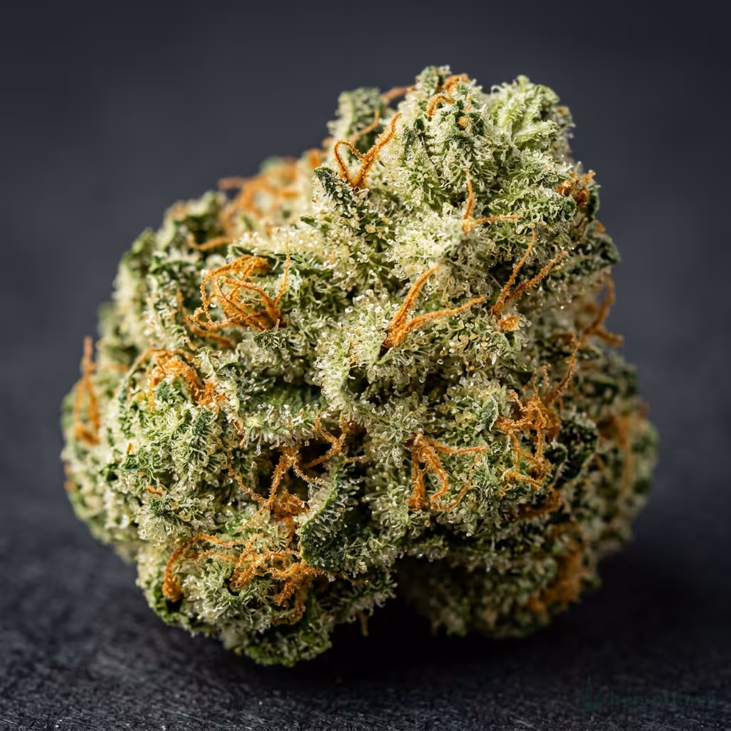 Nahaufnahme einer harzigen, hellgrünen Chemdog-Blüte mit dichten Trichomen und orangefarbenen Blütenstempeln