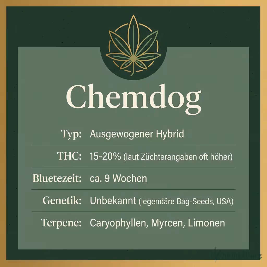 Infografik mit Chemdog Key Facts: Typ ausgewogener Hybrid, THC 15-20%, Bluetezeit 9 Wochen, Genetik unbekannte Landrassen und Terpene Caryophyllen, Myrcen, Limonen