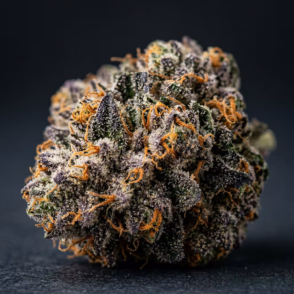 Nahaufnahme einer dichten, violett-grünen Cherry-Pie-Blüte mit harzigen Trichomen und orangefarbenen Blütenstempeln