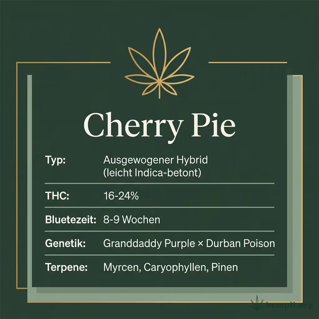 Infografik mit Cherry-Pie Key Facts: Typ ausgewogener Hybrid, THC 16-24%, Bluetezeit 8-9 Wochen, Genetik Granddaddy Purple x Durban Poison und Terpene Myrcen, Caryophyllen, Pinen