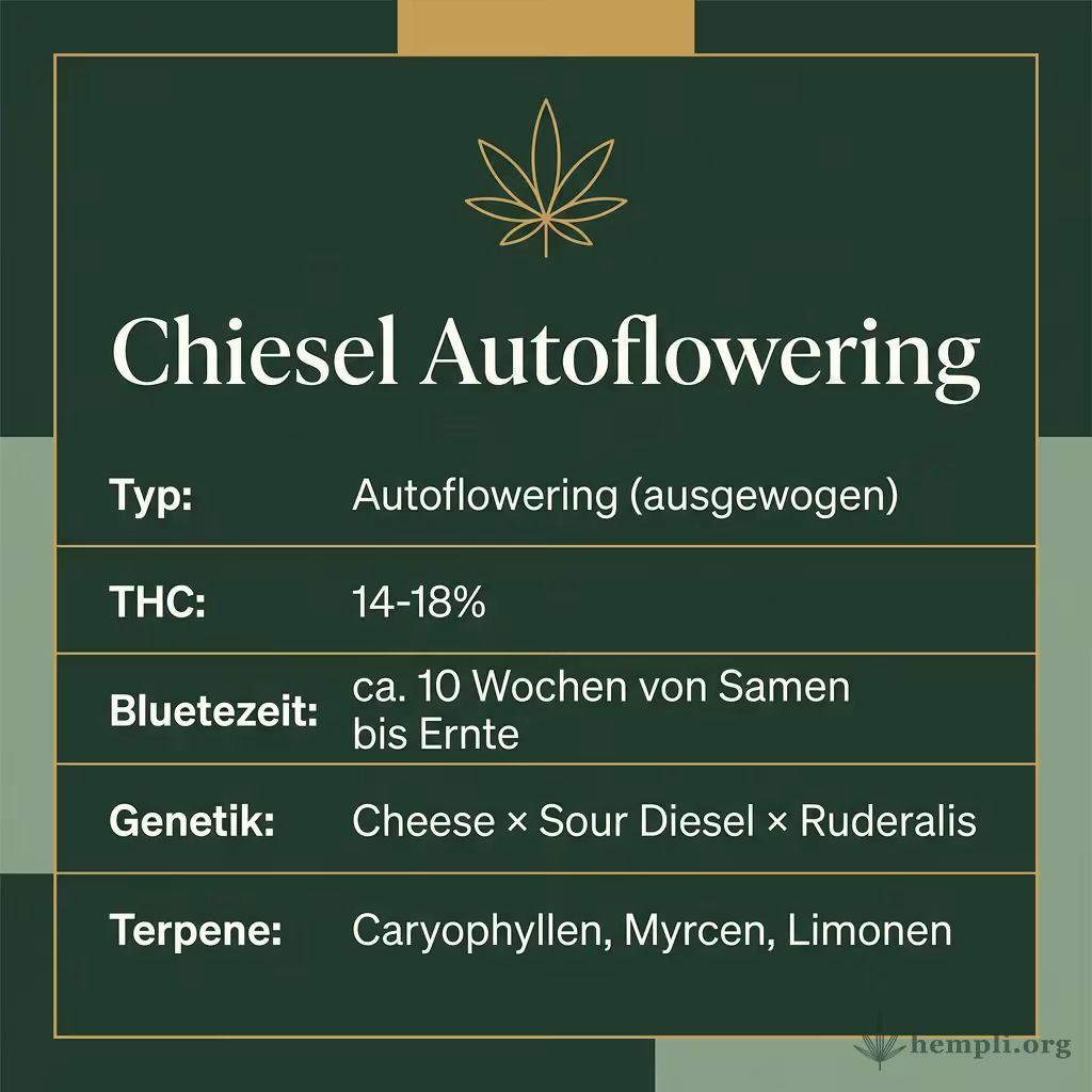 Infografik mit Chiesel Autoflowering Key Facts: Typ Autoflowering (ausgewogen), THC 14-18%, Bluetezeit ca. 10 Wochen von Samen bis Ernte, Genetik Cheese × Sour Diesel × Ruderalis und Terpene Caryophyllen, Myrcen, Limonen