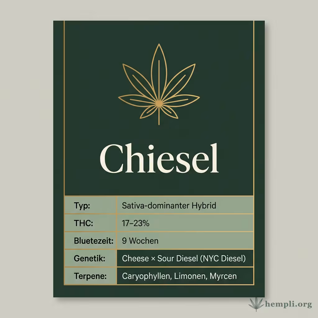 Infografik mit Chiesel Key Facts: Typ Sativa-dominanter Hybrid, THC 17-23%, Bluetezeit 9 Wochen, Genetik Cheese × Sour Diesel (NYC Diesel) und Terpene Caryophyllen, Limonen, Myrcen