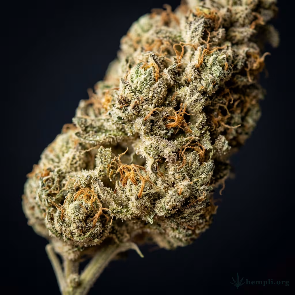 Nahaufnahme einer harzigen Choco Haze-Blüte mit dichten Trichomen und orangefarbenen Blütenstempeln