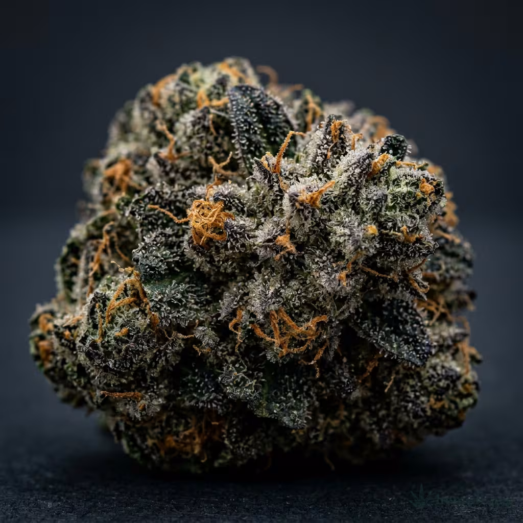Nahaufnahme einer harzigen Chocolate Mint OG-Blüte mit dichten Trichomen und orangefarbenen Blütenstempeln