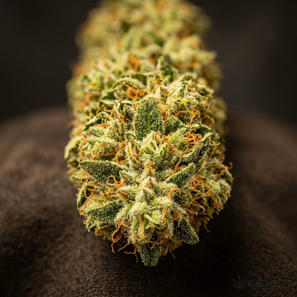 Nahaufnahme einer langgestreckten, hellgrünen Chocolope-Blüte mit harzigen Trichomen und orangefarbenen Blütenstempeln