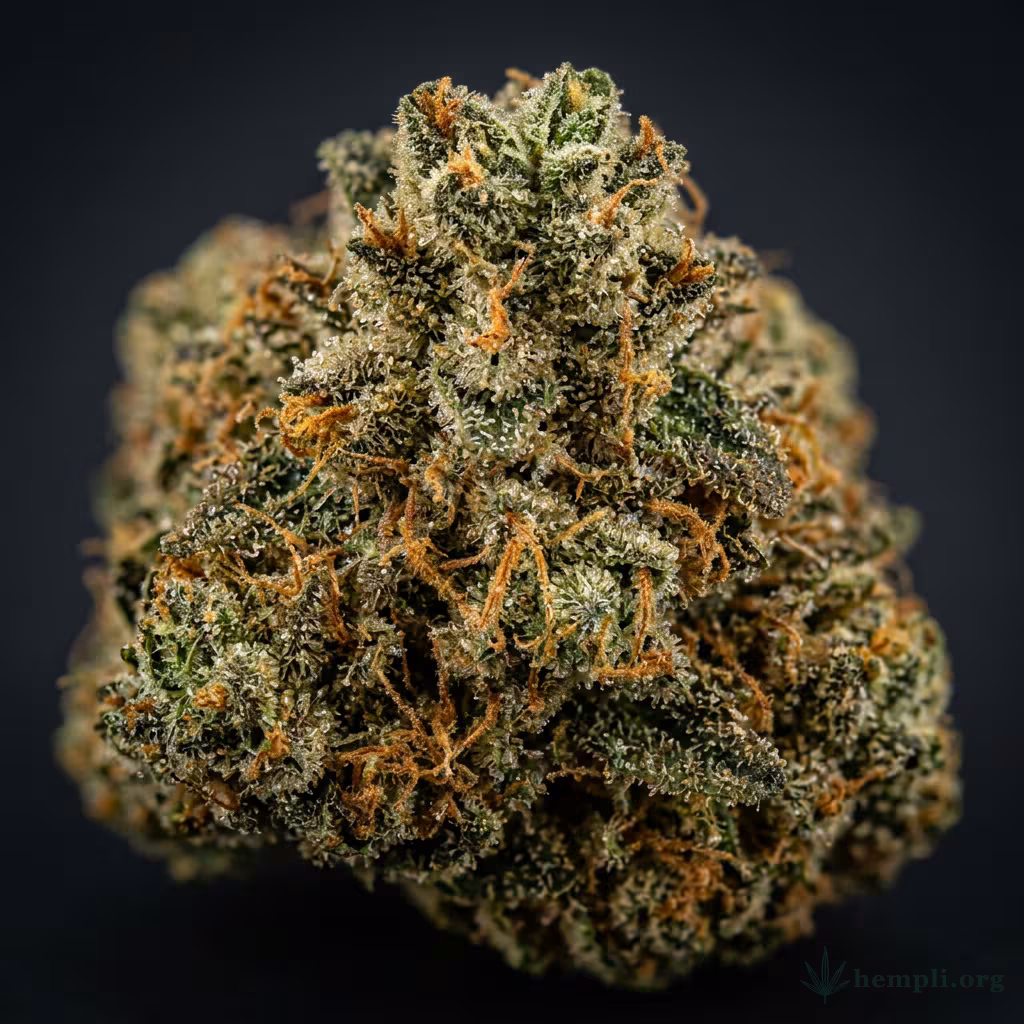 Nahaufnahme einer harzigen Chocolope Kush-Blüte mit dichten Trichomen und orangefarbenen Blütenstempeln