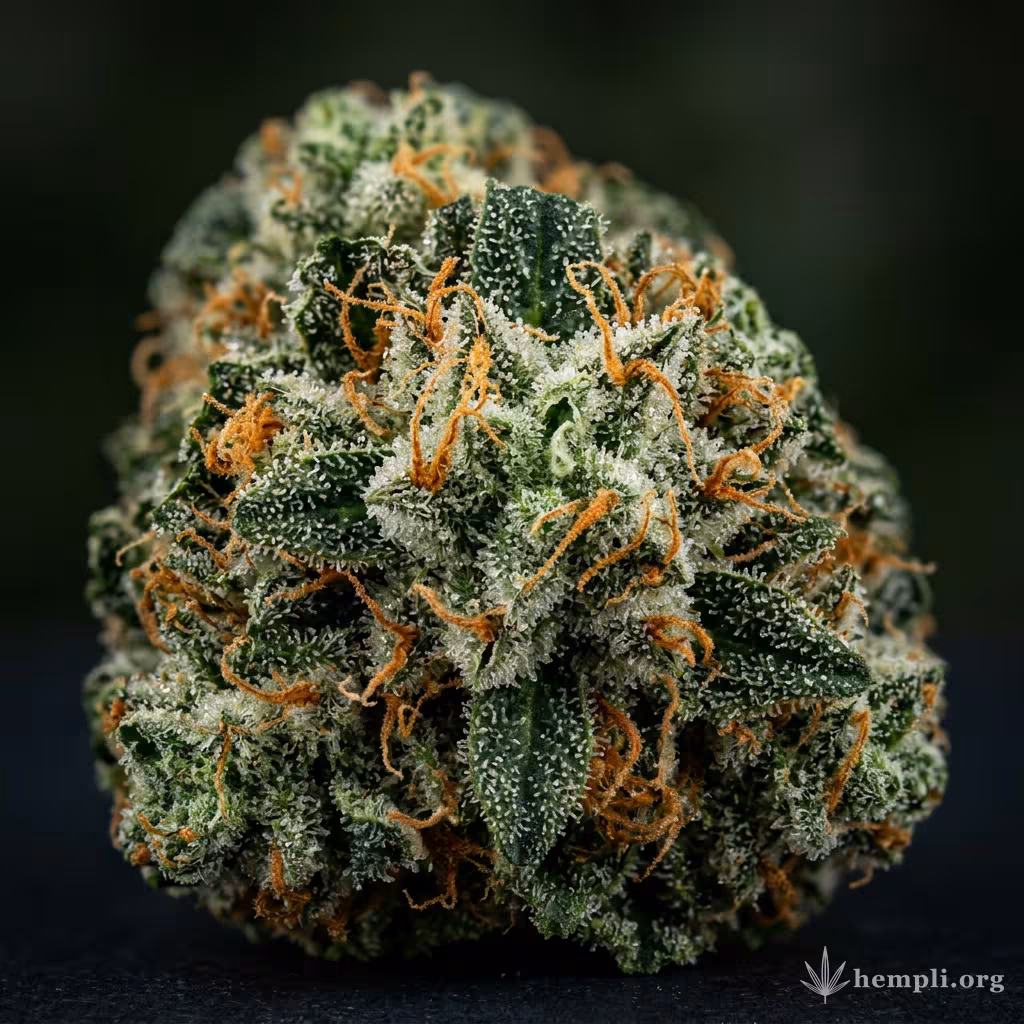 Nahaufnahme einer harzigen Chronic Thunder-Blüte mit dichten Trichomen und orangefarbenen Blütenstempeln