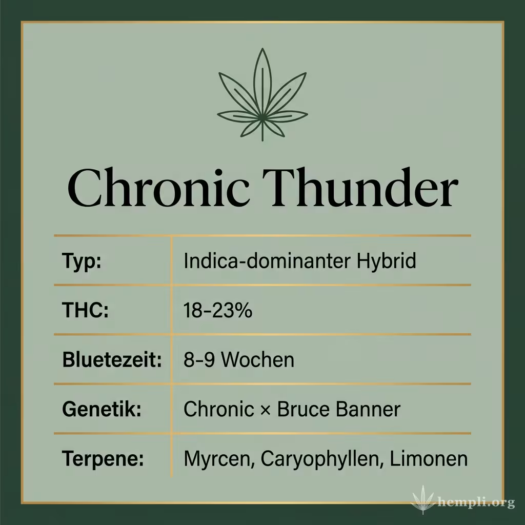 Infografik mit Chronic Thunder Key Facts: Typ Indica-dominanter Hybrid, THC 18-23%, Bluetezeit 8-9 Wochen, Genetik Chronic × Bruce Banner und Terpene Myrcen, Caryophyllen, Limonen