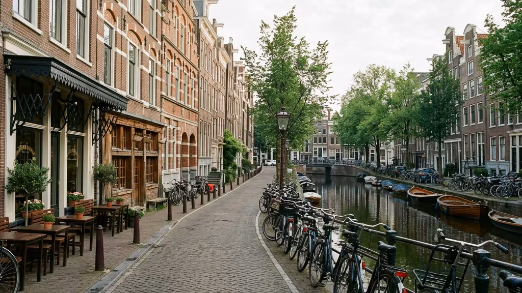 Gemütliche Amsterdamer Grachtenstraße mit Cafés und Fahrrädern im Tageslicht