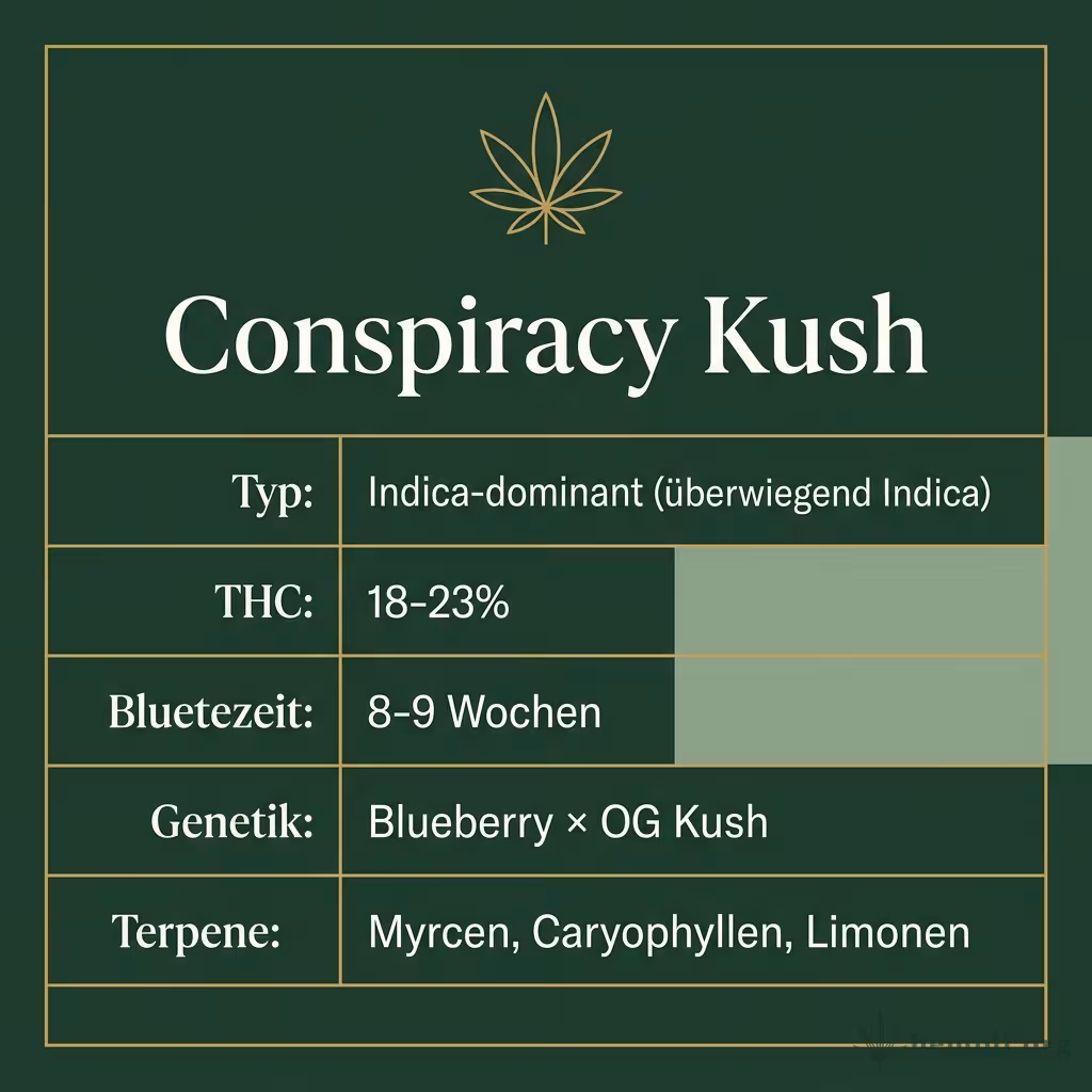 Infografik mit Conspiracy Kush Key Facts: Typ Indica-dominant (überwiegend Indica), THC 18-23%, Bluetezeit 8-9 Wochen, Genetik Blueberry × OG Kush und Terpene Myrcen, Caryophyllen, Limonen