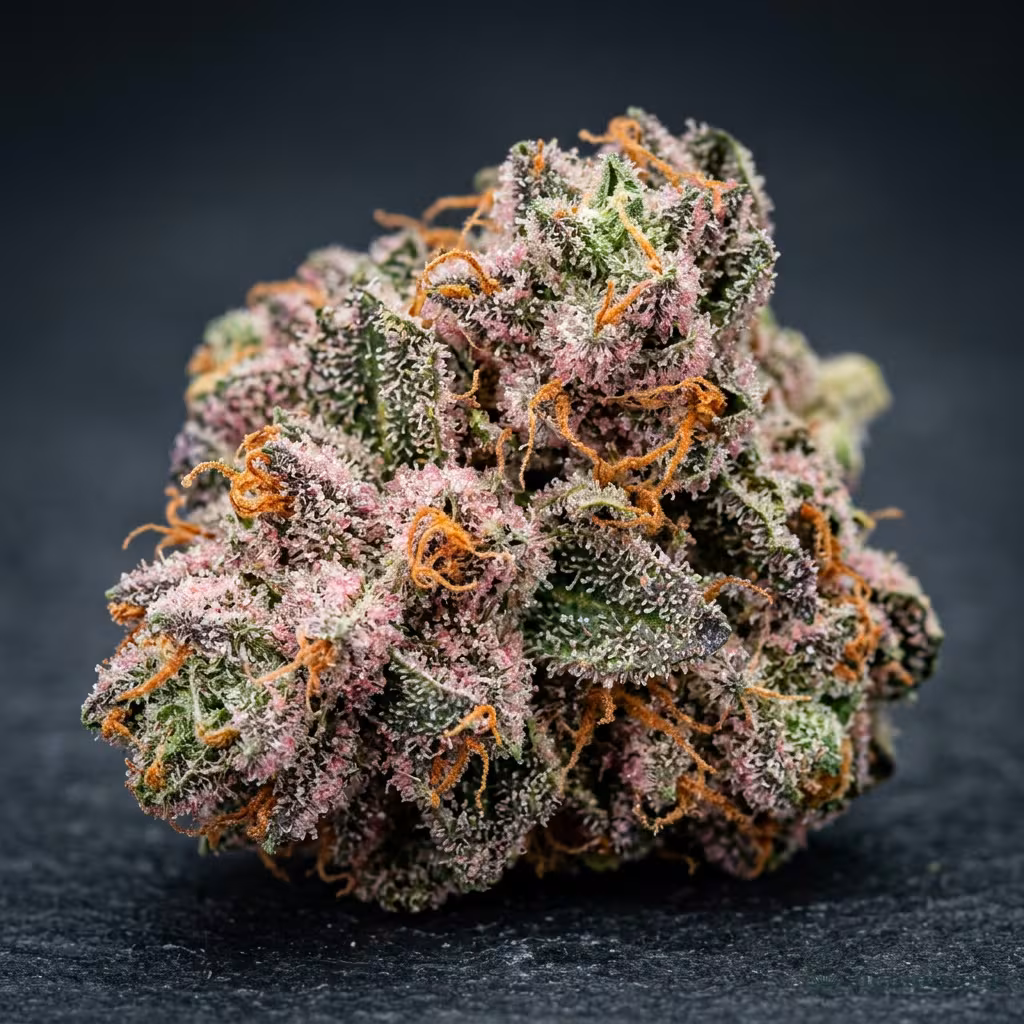 Nahaufnahme einer harzigen Cotton Candy Kush-Blüte mit dichten Trichomen und orangefarbenen Blütenstempeln