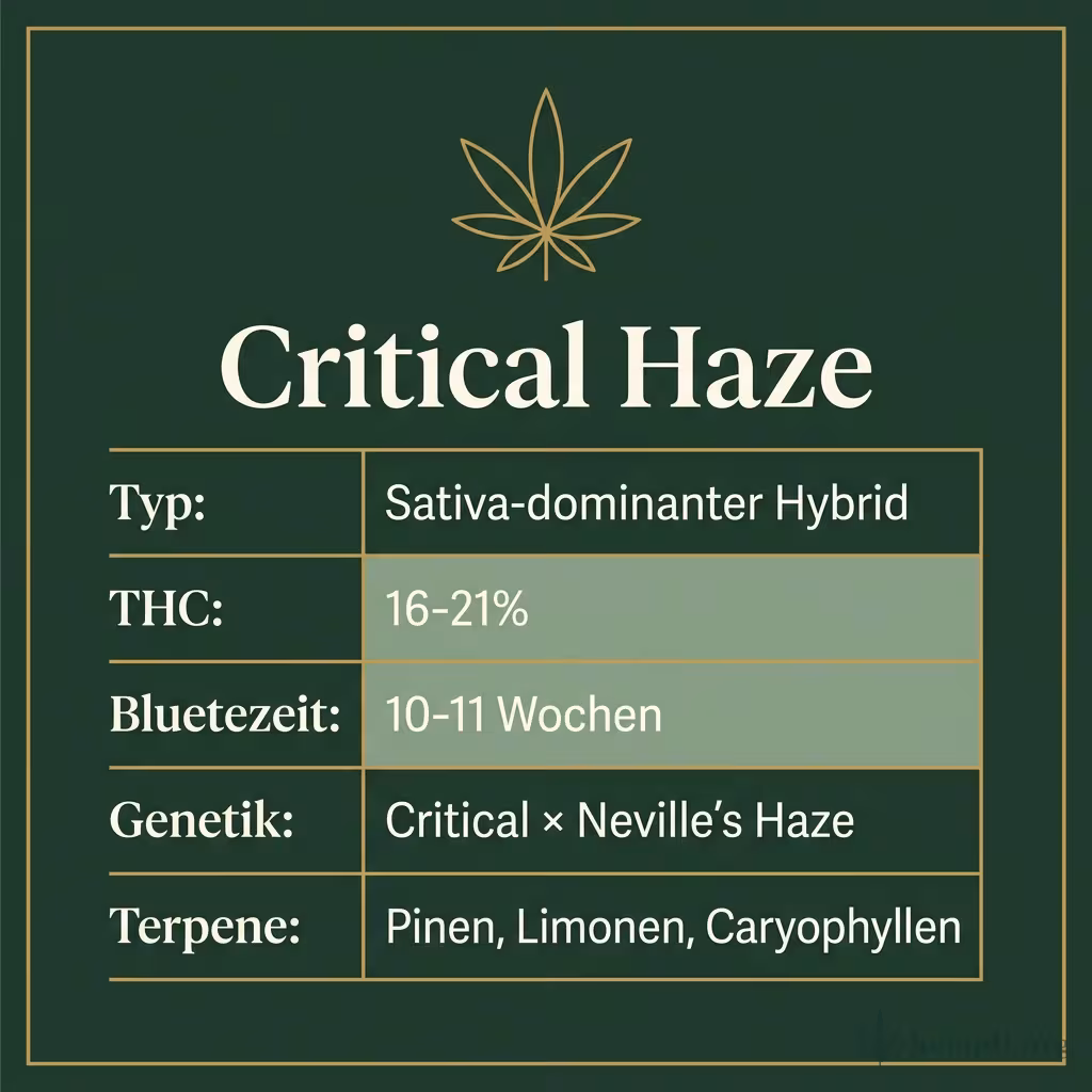 Infografik mit Critical Haze Key Facts: Typ Sativa-dominanter Hybrid, THC 16-21%, Bluetezeit 10-11 Wochen, Genetik Critical × Neville's Haze und Terpene Pinen, Limonen, Caryophyllen