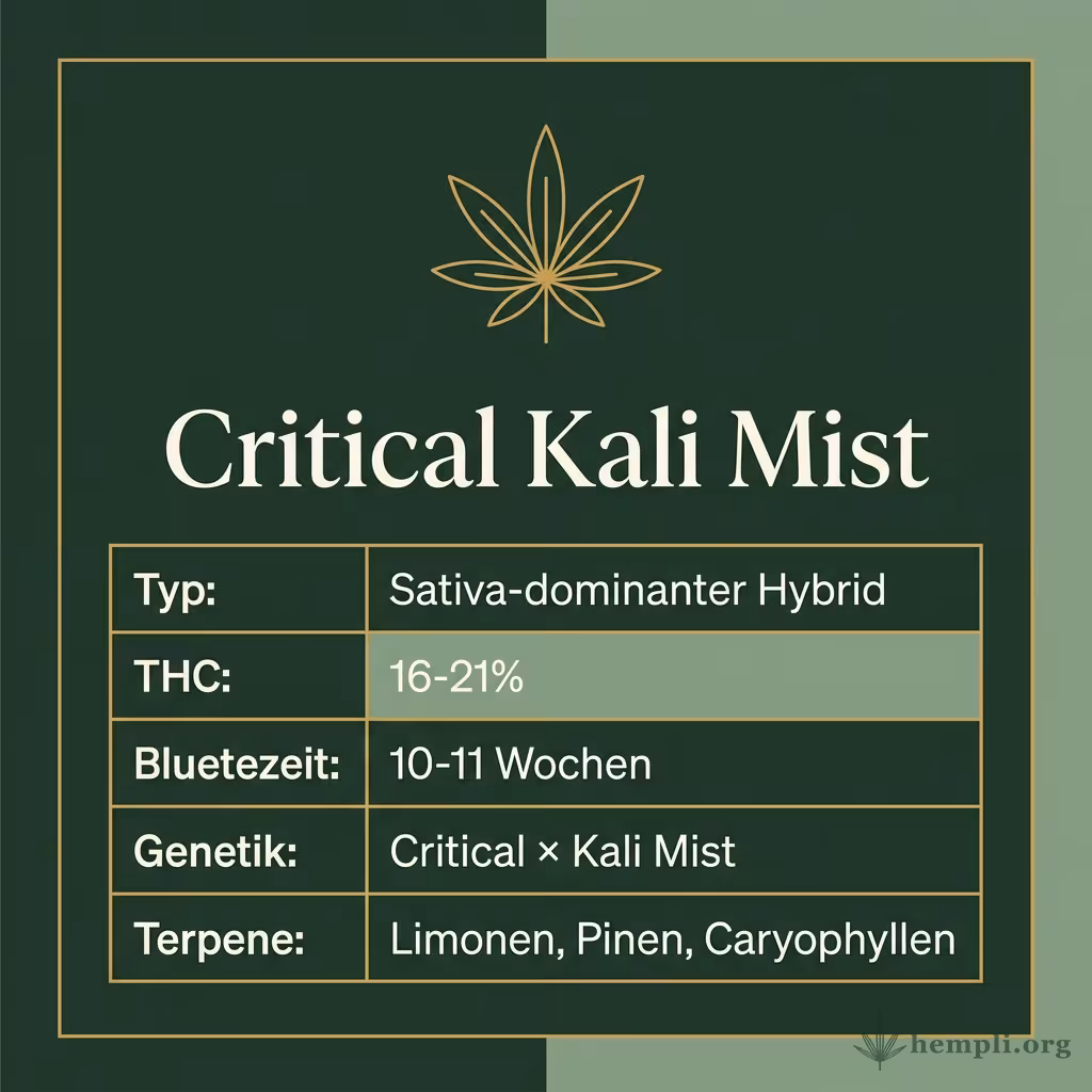Infografik mit Critical Kali Mist Key Facts: Typ Sativa-dominanter Hybrid, THC 16-21%, Bluetezeit 10-11 Wochen, Genetik Critical × Kali Mist und Terpene Limonen, Pinen, Caryophyllen