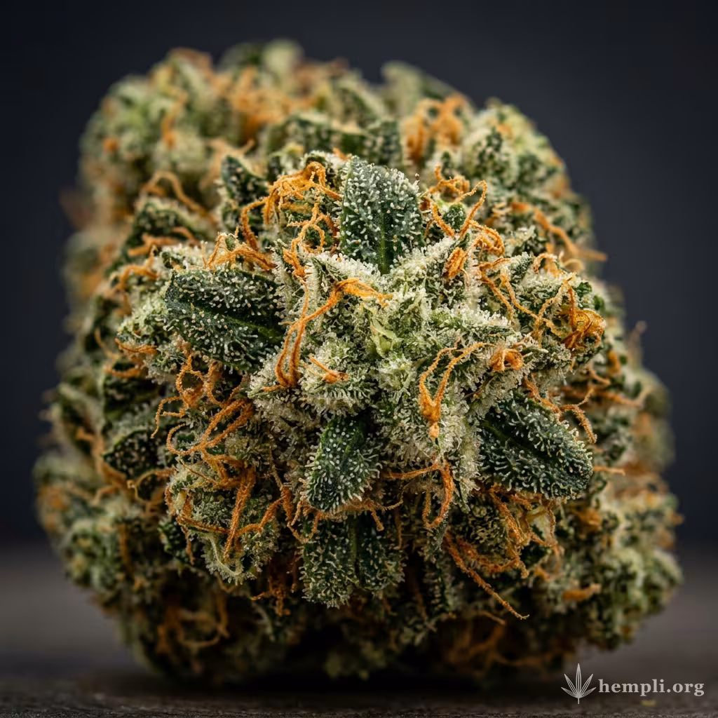 Nahaufnahme einer harzigen Critical Mass CBD-Blüte mit dichten Trichomen und orangefarbenen Blütenstempeln