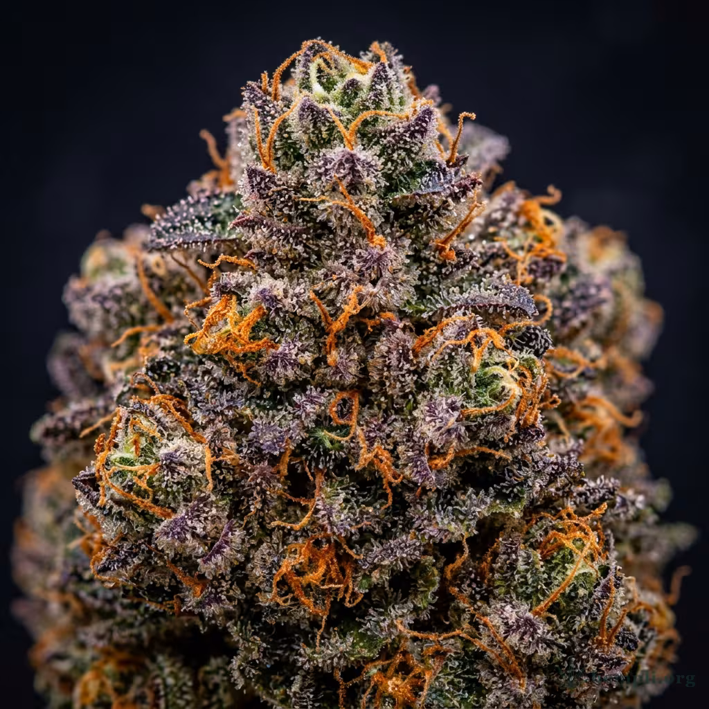 Nahaufnahme einer harzigen Critical Orange Punch-Blüte mit dichten Trichomen und orangefarbenen Blütenstempeln