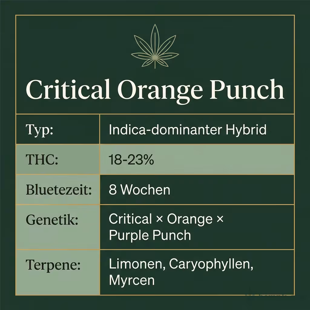 Infografik mit Critical Orange Punch Key Facts: Typ Indica-dominanter Hybrid, THC 18-23%, Bluetezeit 8 Wochen, Genetik Critical × Orange × Purple Punch und Terpene Limonen, Caryophyllen, Myrcen