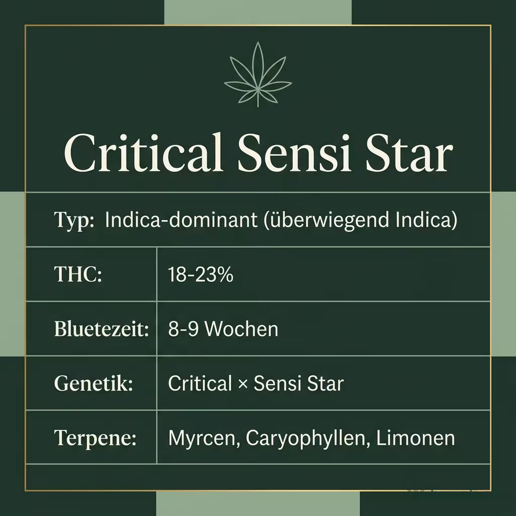 Infografik mit Critical Sensi Star Key Facts: Typ Indica-dominant (überwiegend Indica), THC 18-23%, Bluetezeit 8-9 Wochen, Genetik Critical × Sensi Star und Terpene Myrcen, Caryophyllen, Limonen