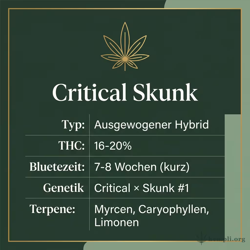 Infografik mit Critical Skunk Key Facts: Typ Ausgewogener Hybrid, THC 16-20%, Bluetezeit 7-8 Wochen (kurz), Genetik Critical × Skunk #1 und Terpene Myrcen, Caryophyllen, Limonen