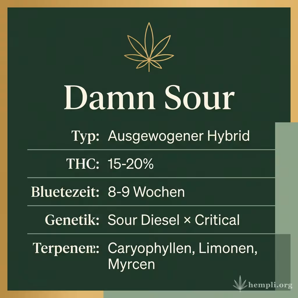 Infografik mit Damn Sour Key Facts: Typ Ausgewogener Hybrid, THC 15-20%, Bluetezeit 8-9 Wochen, Genetik Sour Diesel × Critical und Terpene Caryophyllen, Limonen, Myrcen