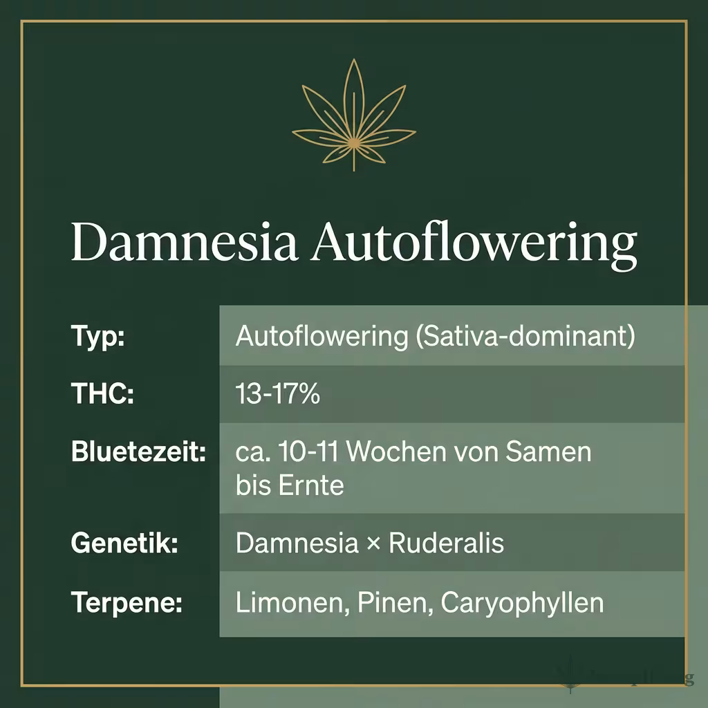 Infografik mit Damnesia Autoflowering Key Facts: Typ Autoflowering (Sativa-dominant), THC 13-17%, Bluetezeit ca. 10-11 Wochen von Samen bis Ernte, Genetik Damnesia × Ruderalis und Terpene Limonen, Pinen, Caryophyllen