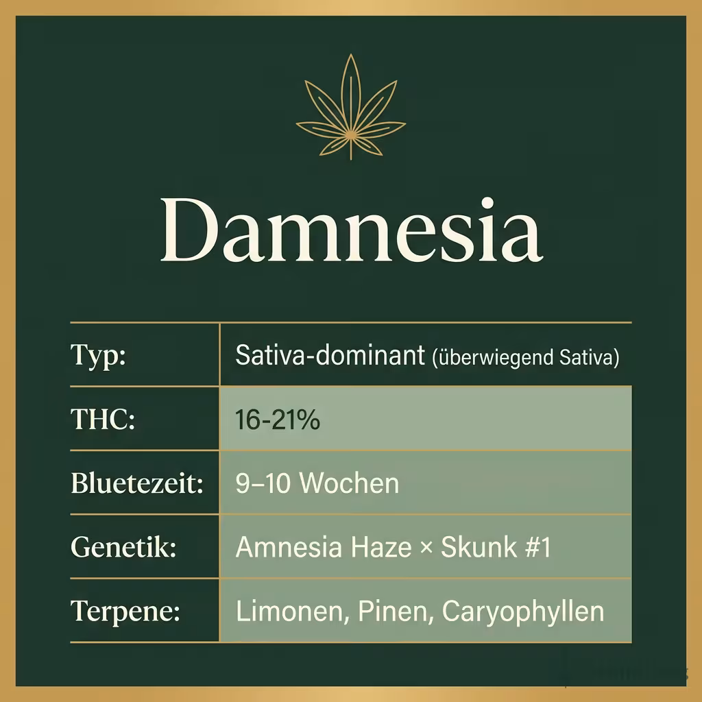 Infografik mit Damnesia Key Facts: Typ Sativa-dominant (überwiegend Sativa), THC 16-21%, Bluetezeit 9-10 Wochen, Genetik Amnesia Haze × Skunk #1 und Terpene Limonen, Pinen, Caryophyllen