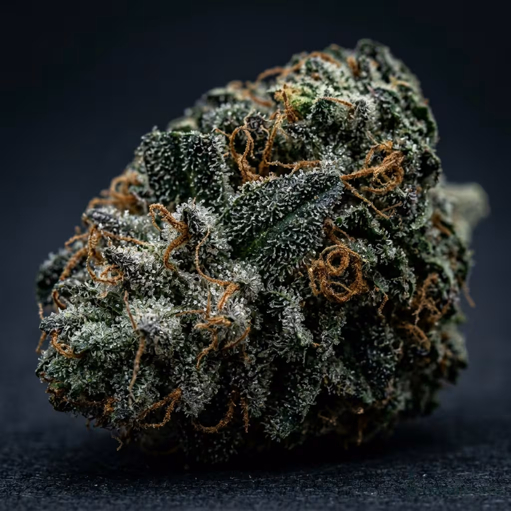 Nahaufnahme einer harzigen Deep Chunk-Blüte mit dichten Trichomen und orangefarbenen Blütenstempeln