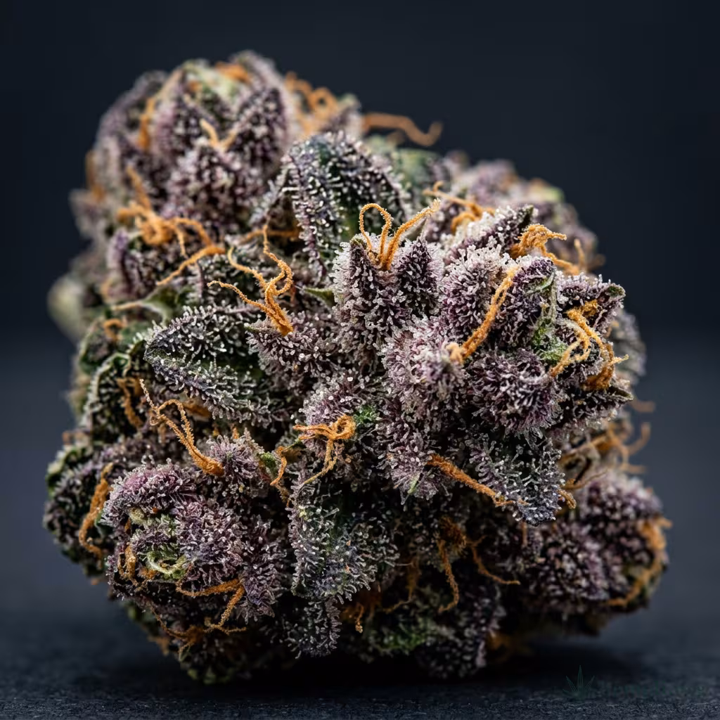 Nahaufnahme einer harzigen Deep Purple-Blüte mit dichten Trichomen und orangefarbenen Blütenstempeln