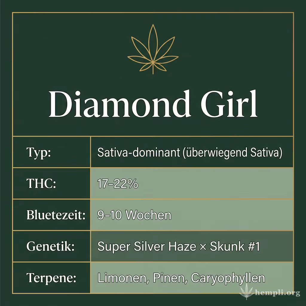 Infografik mit Diamond Girl Key Facts: Typ Sativa-dominant (überwiegend Sativa), THC 17-22%, Bluetezeit 9-10 Wochen, Genetik Super Silver Haze × Skunk #1 und Terpene Limonen, Pinen, Caryophyllen