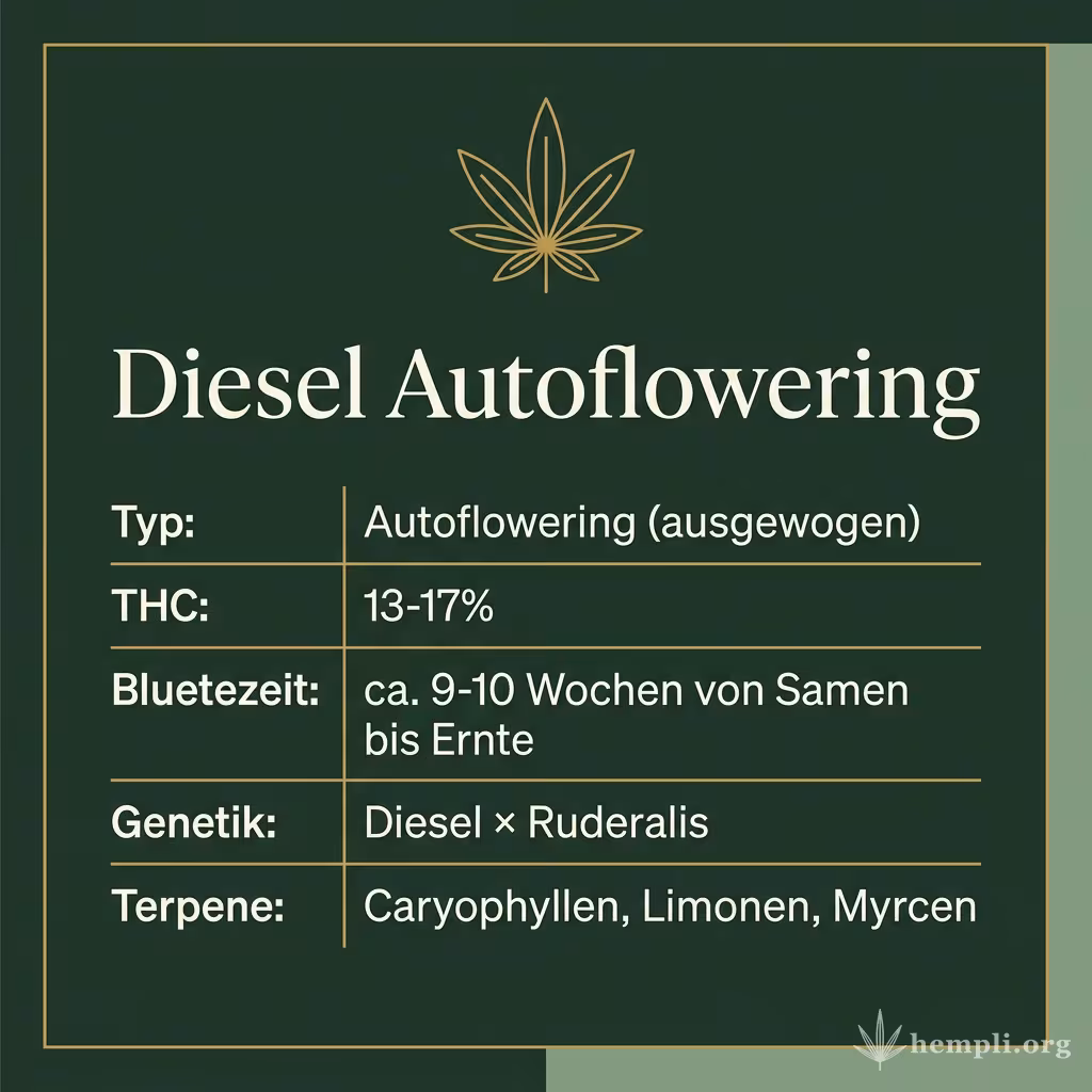 Infografik mit Diesel Autoflowering Key Facts: Typ Autoflowering (ausgewogen), THC 13-17%, Bluetezeit ca. 9-10 Wochen von Samen bis Ernte, Genetik Diesel × Ruderalis und Terpene Caryophyllen, Limonen, Myrcen