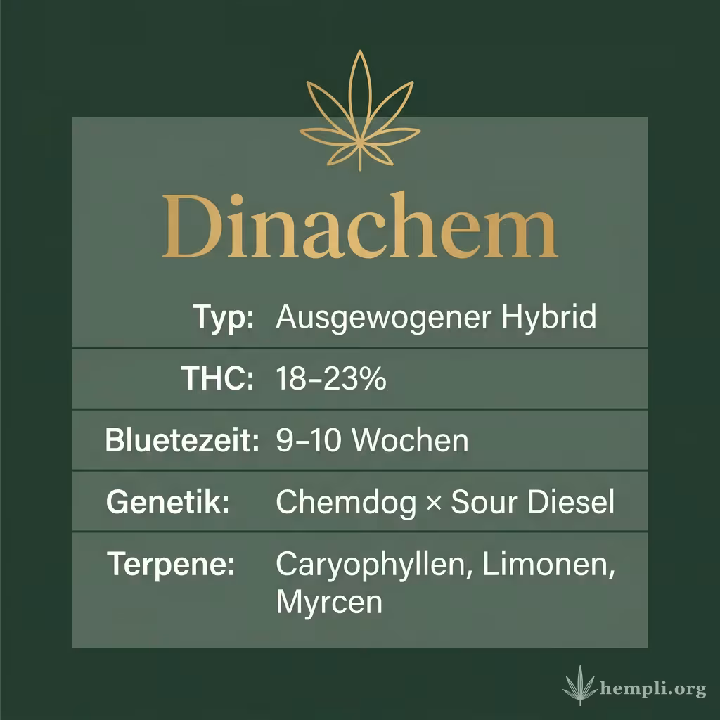 Infografik mit Dinachem Key Facts: Typ Ausgewogener Hybrid, THC 18-23%, Bluetezeit 9-10 Wochen, Genetik Chemdog × Sour Diesel und Terpene Caryophyllen, Limonen, Myrcen