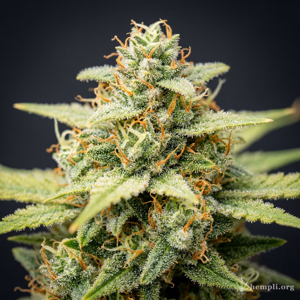 Nahaufnahme einer harzigen Dinamex Autoflowering-Blüte mit dichten Trichomen und orangefarbenen Blütenstempeln