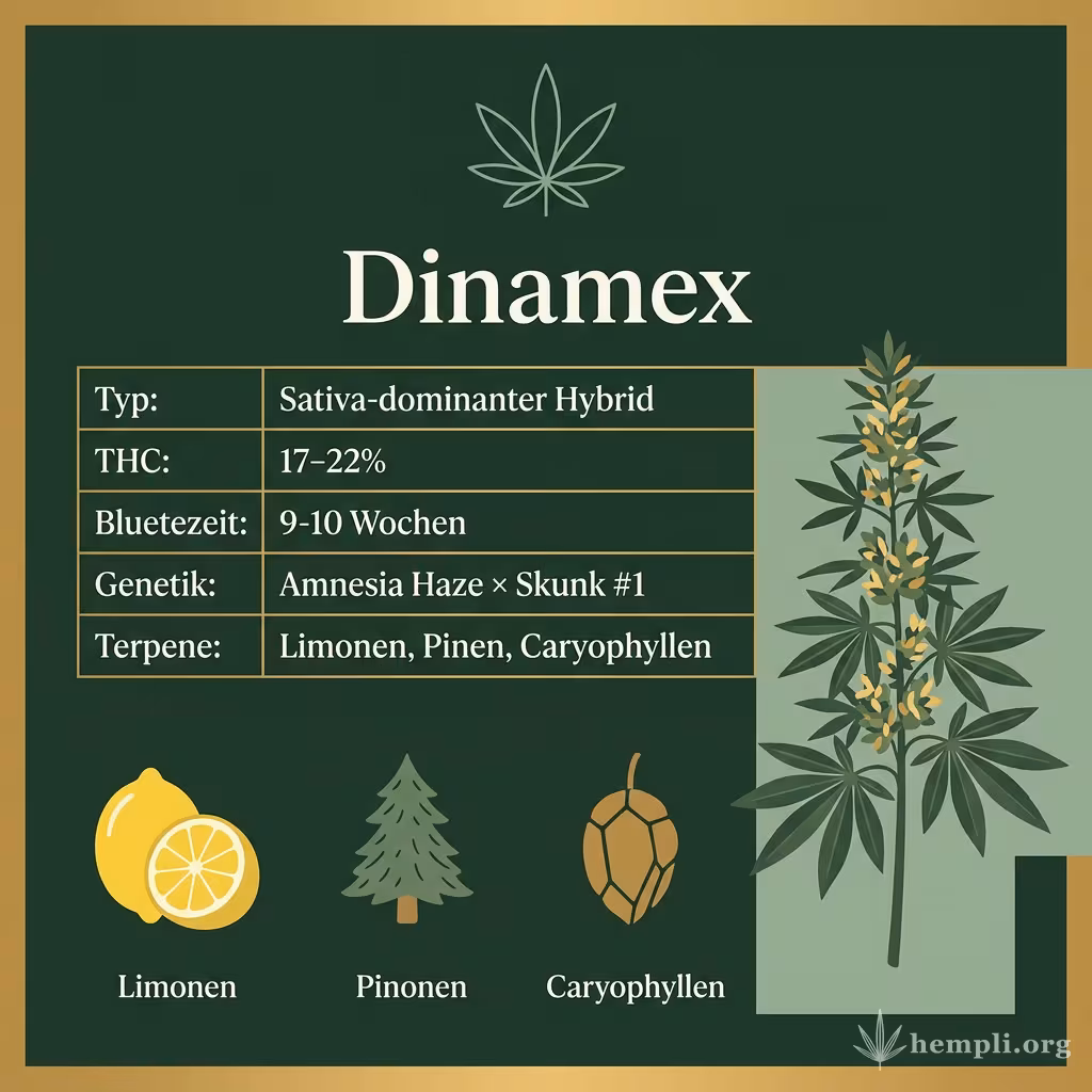 Infografik mit Dinamex Key Facts: Typ Sativa-dominanter Hybrid, THC 17-22%, Bluetezeit 9-10 Wochen, Genetik Amnesia Haze × Skunk #1 und Terpene Limonen, Pinen, Caryophyllen