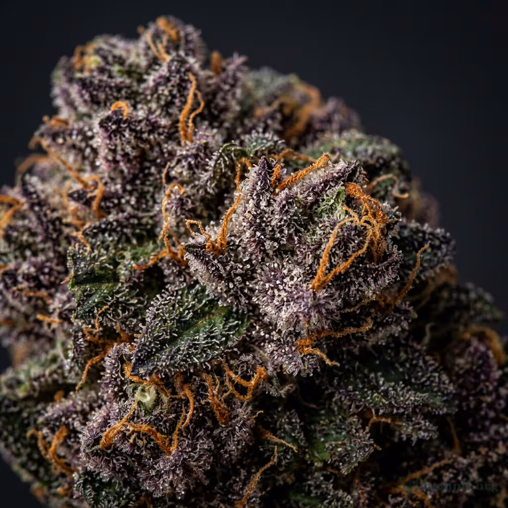 Nahaufnahme einer dichten, harzigen Do-Si-Dos-Blüte mit violett-grünen Tönen, vielen Trichomen und orangefarbenen Blütenstempeln