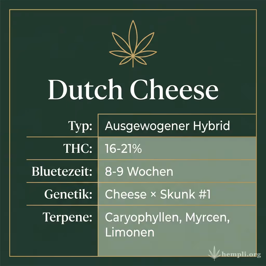 Infografik mit Dutch Cheese Key Facts: Typ Ausgewogener Hybrid, THC 16-21%, Bluetezeit 8-9 Wochen, Genetik Cheese × Skunk #1 und Terpene Caryophyllen, Myrcen, Limonen