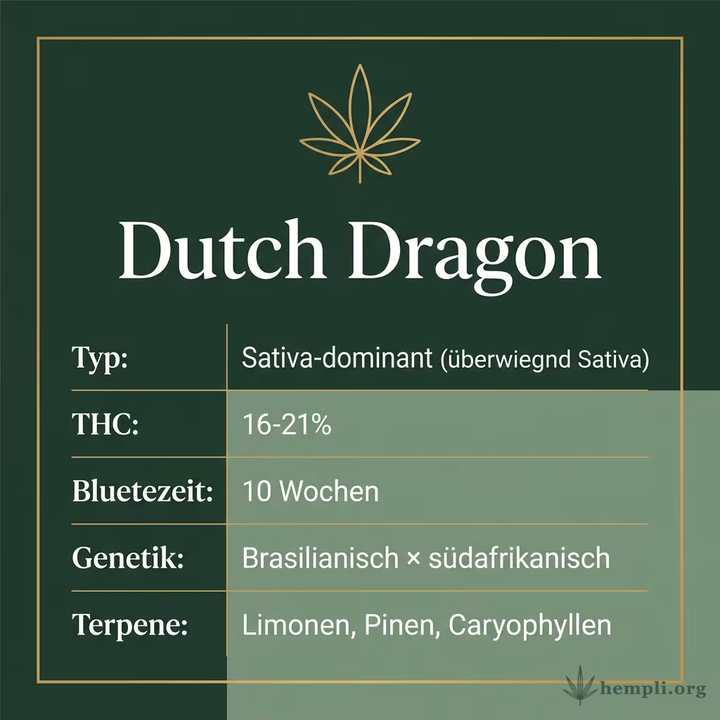 Infografik mit Dutch Dragon Key Facts: Typ Sativa-dominant (überwiegend Sativa), THC 16-21%, Bluetezeit 10 Wochen, Genetik Brasilianisch × südafrikanisch und Terpene Limonen, Pinen, Caryophyllen