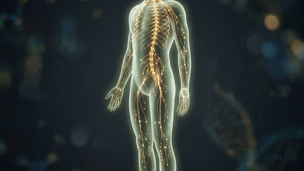 Abstrakte Körpersilhouette mit leuchtenden Punkten entlang des Nervensystems als Symbol für das Endocannabinoid-System