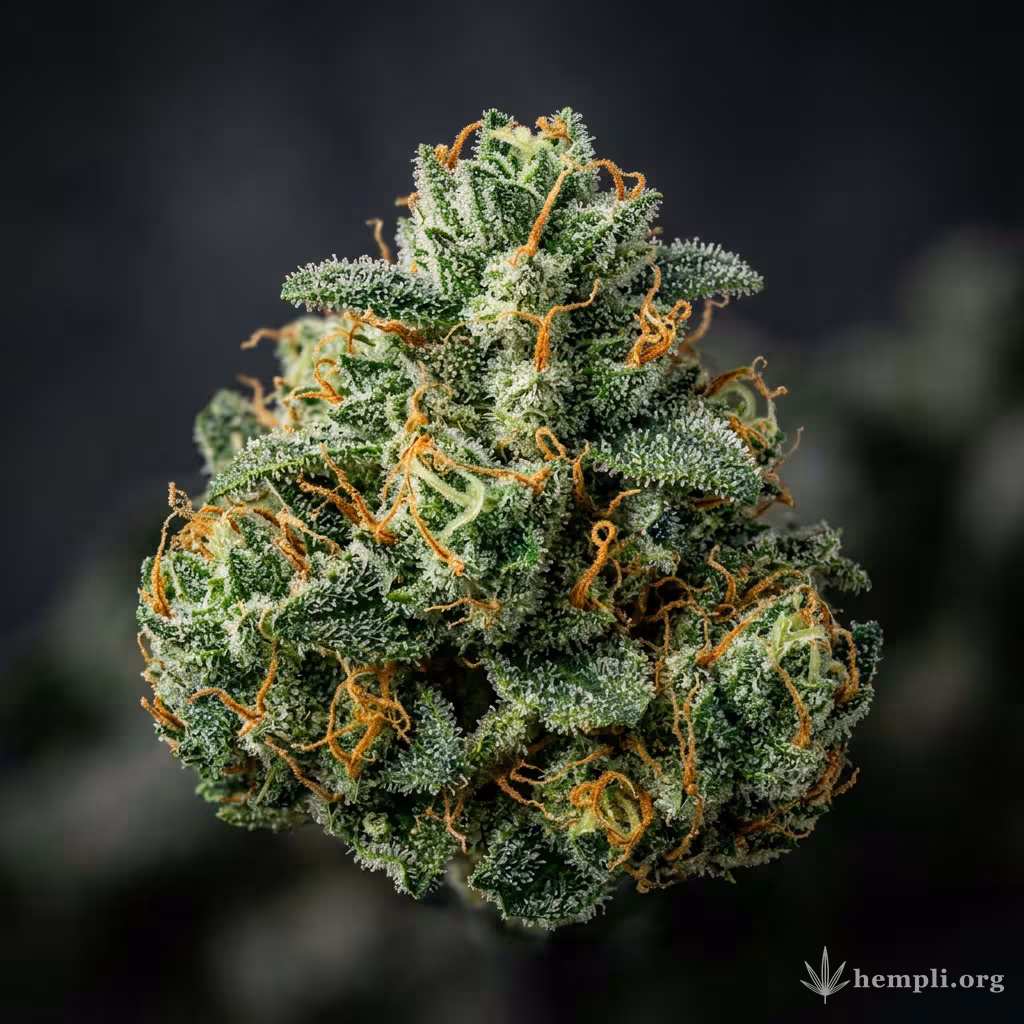 Nahaufnahme einer harzigen Euphoria-Blüte mit dichten Trichomen und orangefarbenen Blütenstempeln