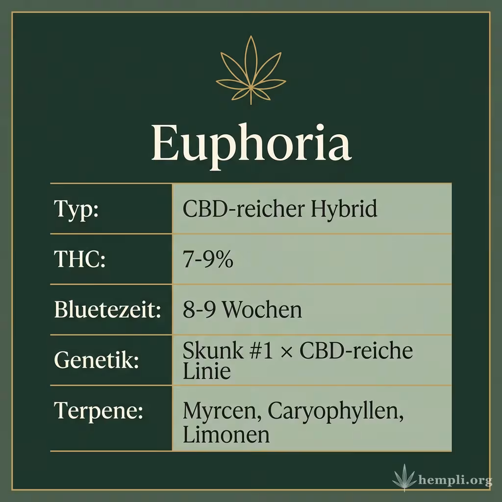 Infografik mit Euphoria Key Facts: Typ CBD-reicher Hybrid, THC 7-9%, Bluetezeit 8-9 Wochen, Genetik Skunk #1 × CBD-reiche Linie und Terpene Myrcen, Caryophyllen, Limonen