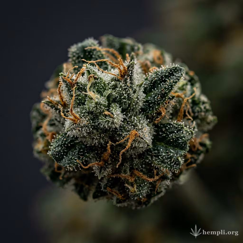 Nahaufnahme einer harzigen Exodus Cheese Autoflowering-Blüte mit dichten Trichomen und orangefarbenen Blütenstempeln