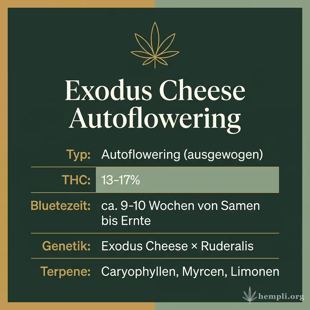 Infografik mit Exodus Cheese Autoflowering Key Facts: Typ Autoflowering (ausgewogen), THC 13-17%, Bluetezeit ca. 9-10 Wochen von Samen bis Ernte, Genetik Exodus Cheese × Ruderalis und Terpene Caryophyllen, Myrcen, Limonen