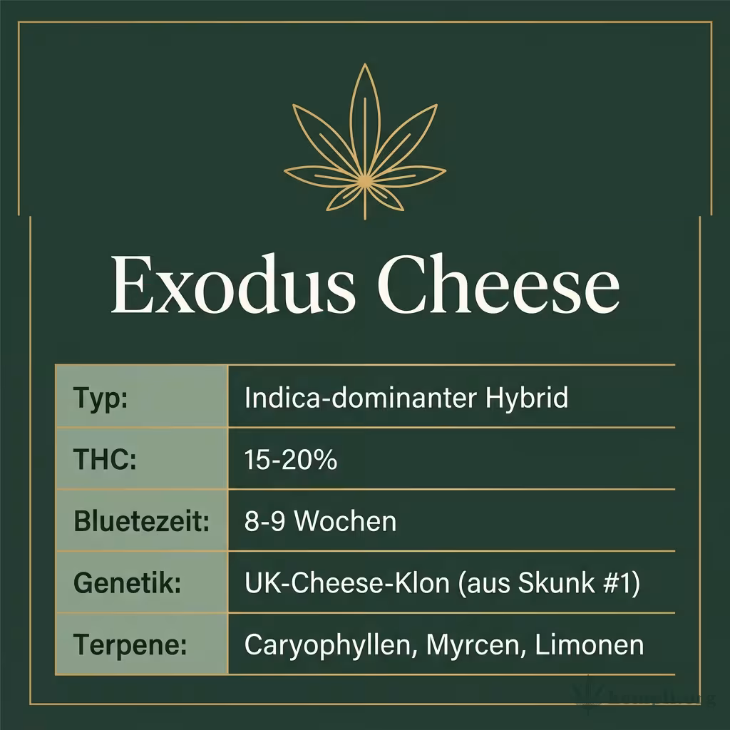 Infografik mit Exodus Cheese Key Facts: Typ Indica-dominanter Hybrid, THC 15-20%, Bluetezeit 8-9 Wochen, Genetik UK-Cheese-Klon (aus Skunk #1) und Terpene Caryophyllen, Myrcen, Limonen
