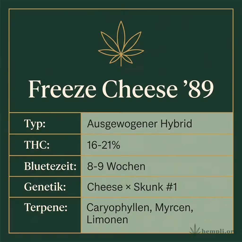 Infografik mit Freeze Cheese '89 Key Facts: Typ Ausgewogener Hybrid, THC 16-21%, Bluetezeit 8-9 Wochen, Genetik Cheese × Skunk #1 und Terpene Caryophyllen, Myrcen, Limonen