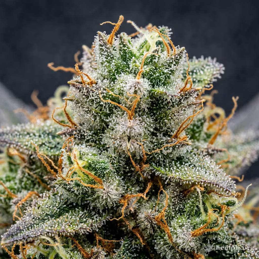Nahaufnahme einer harzigen Fresh Candy-Blüte mit dichten Trichomen und orangefarbenen Blütenstempeln