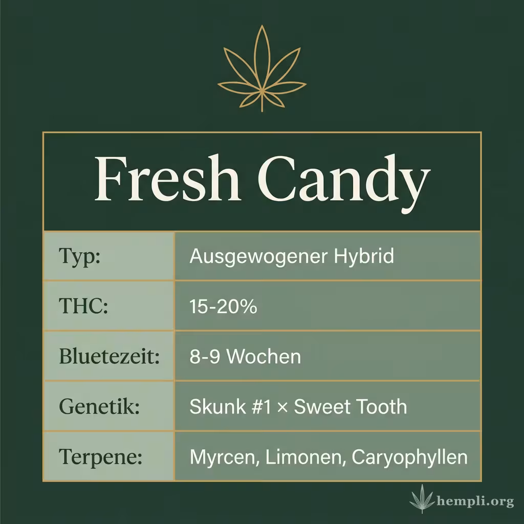 Infografik mit Fresh Candy Key Facts: Typ Ausgewogener Hybrid, THC 15-20%, Bluetezeit 8-9 Wochen, Genetik Skunk #1 × Sweet Tooth und Terpene Myrcen, Limonen, Caryophyllen