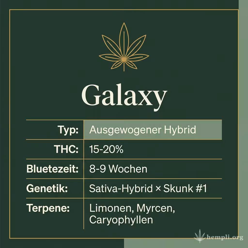 Infografik mit Galaxy Key Facts: Typ Ausgewogener Hybrid, THC 15-20%, Bluetezeit 8-9 Wochen, Genetik Sativa-Hybrid × Skunk #1 und Terpene Limonen, Myrcen, Caryophyllen