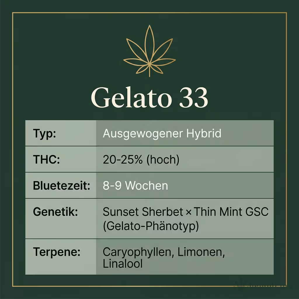 Infografik mit Gelato-33 Key Facts: Typ ausgewogener Hybrid, THC 20-25%, Bluetezeit 8-9 Wochen, Genetik Sunset Sherbet x Thin Mint GSC und Terpene Caryophyllen, Limonen, Linalool